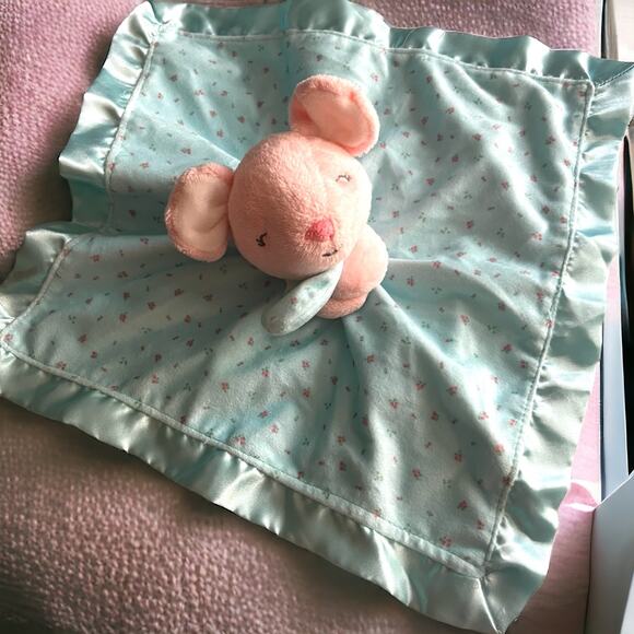 Carters Pink Mouse Lovey Security Blanket Plush Baby Toy Blue Satin edge Flowers - Picture 1 of 11